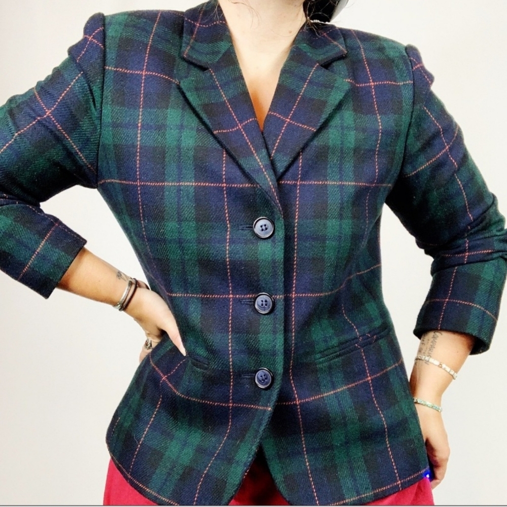 Vintage Blue Green Check Plaid Wool Blazer 12 #D30